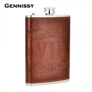 GENNISSY VIP Pinted Brown Hip Flask Single Portable Refinement Stainless Steel 9oz Flask Gentleman Alcohol Drinkware